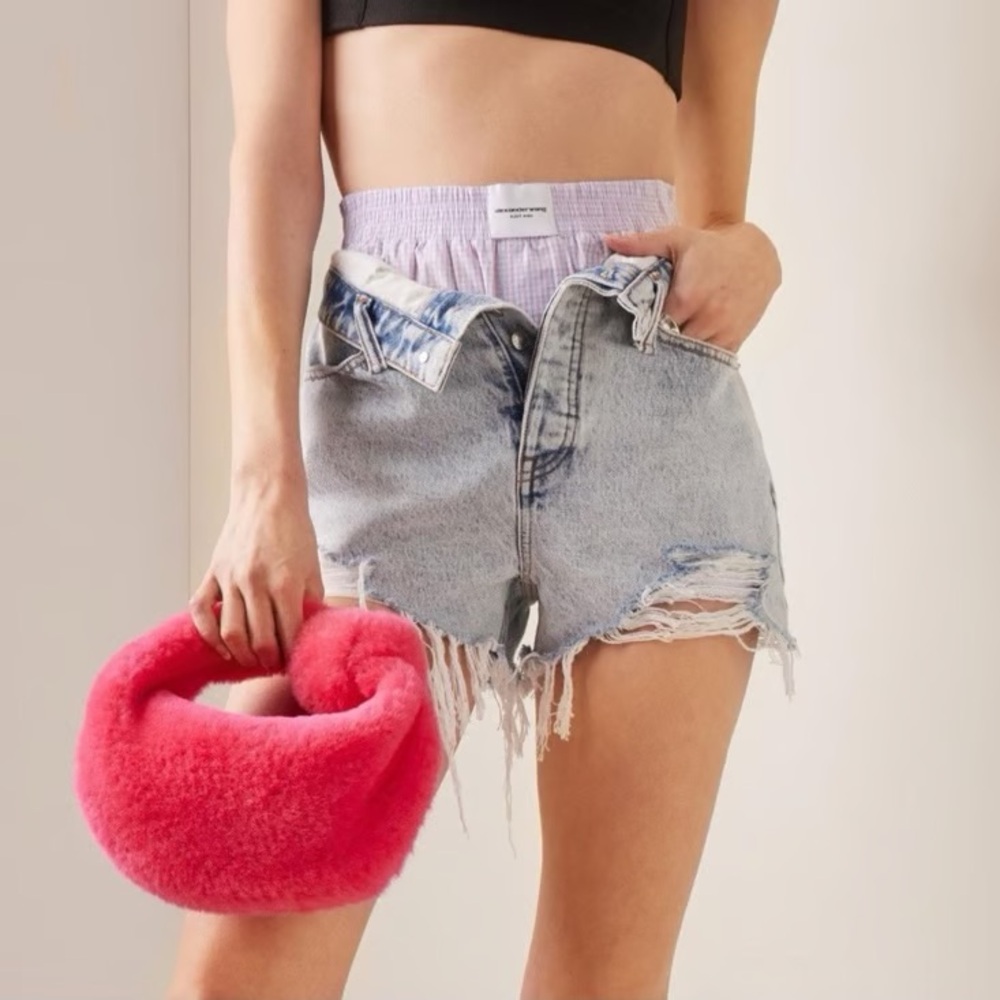 Sz 25 Alexander Wang Bite High-Rise Frayed Denim Boxer Shorts